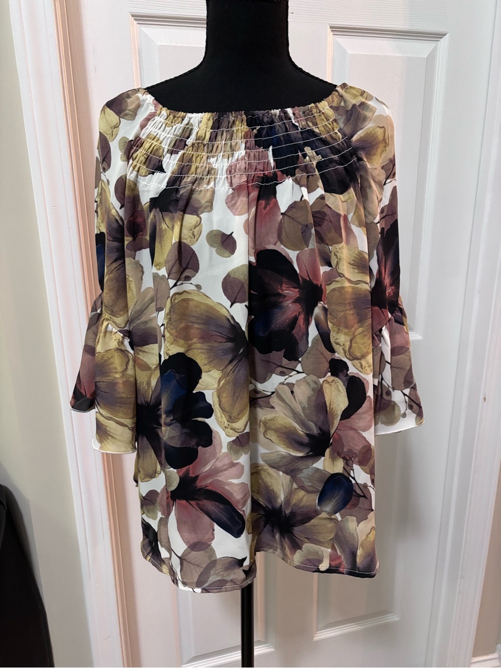 Spense Floral Off-Shoulder Tunic in Cream, Brown, Green, Blue